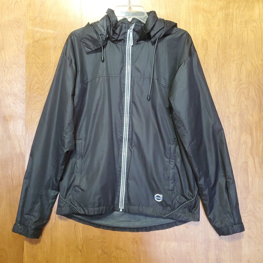 Volvo Hooded Windbreaker Jacket Mens M Black Mesh Lined Full Zip Removable Hood